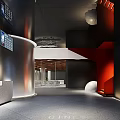 Modern Cinema Lobby With Black Red Decor Circular Lighting And Screens