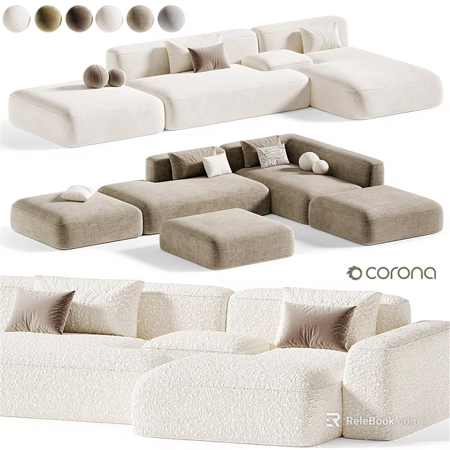 Modern Double Sofa Design With Neutral Tones Pillows And Ottoman Seats 3d model 