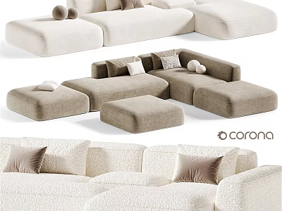 Modern Double Sofa Design With Neutral Tones Pillows And Ottoman Seats 3d model