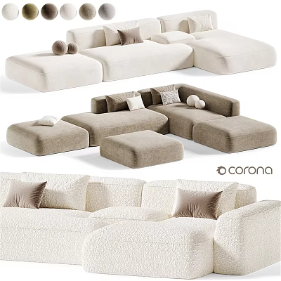 Modern Double Sofa Design With Neutral Tones Pillows And Ottoman Seats 3d model