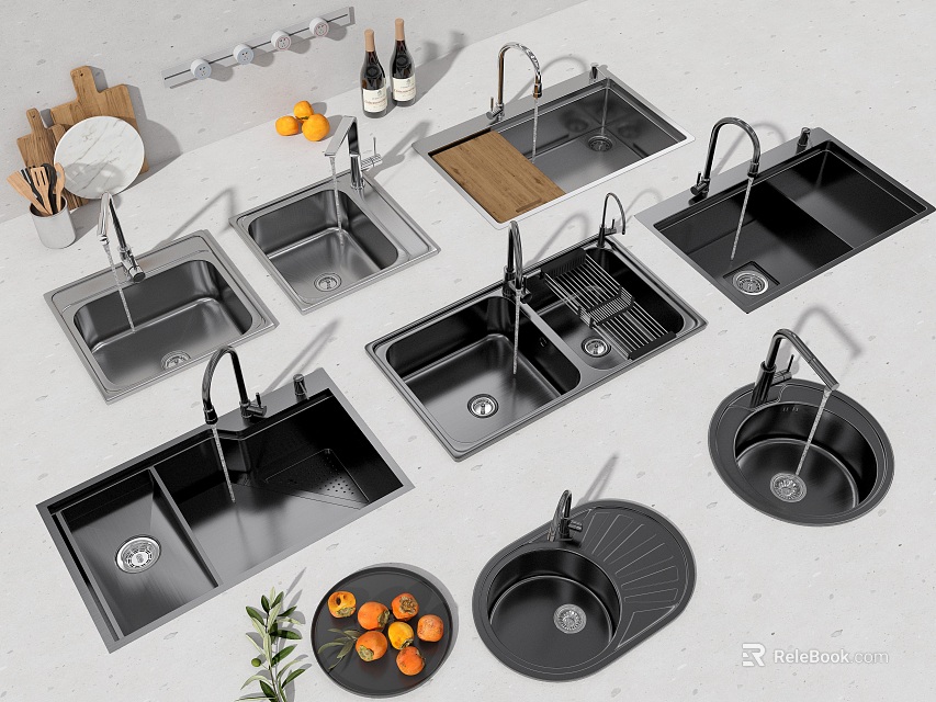 Black Kitchen Sinks In Various Styles With Faucets Cutting Board And Oranges 3d model 