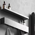 Organized Bathroom Accessories With Black Wall Shelves Towels And Toiletries Bottles