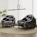 Modern Single Sofa With Stylish Geometric Pattern Black Legs Interior Window Plant And Hanging Lamp