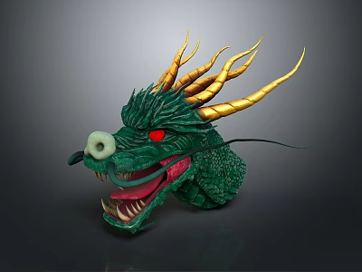 Game Movie Character Green Dragon Head With Golden Horns Red Eyes And Sharp Fangs 3d model