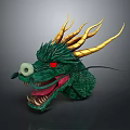 Game Movie Character Green Dragon Head With Golden Horns Red Eyes And Sharp Fangs