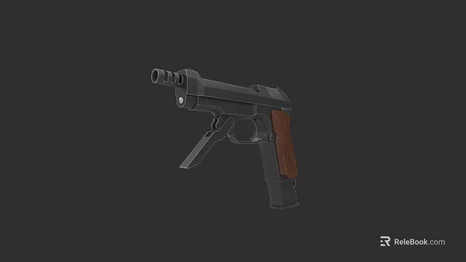 Classic Black Metal Pistol With Wooden Grip And Vintage Design Features 3d model 