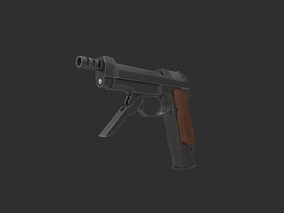 Classic Black Metal Pistol With Wooden Grip And Vintage Design Features 3d model
