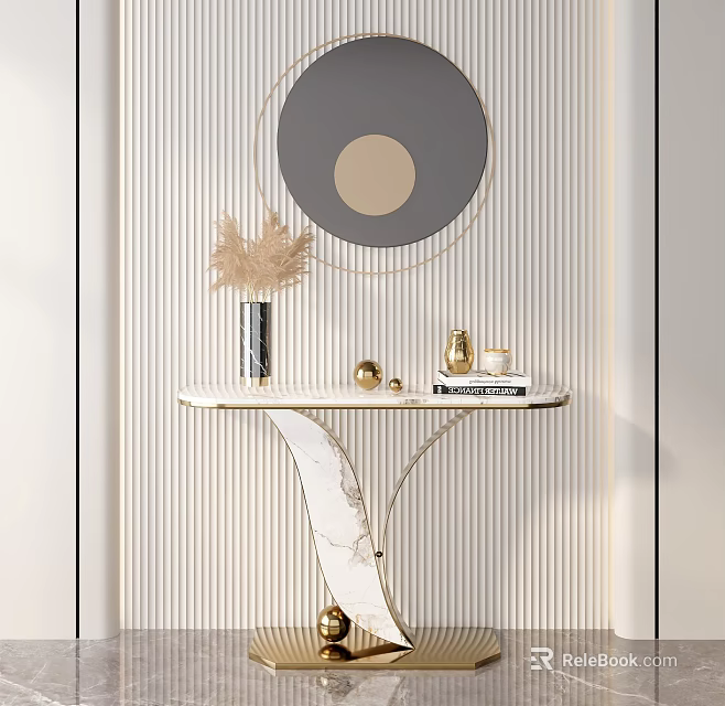 Modern Console Table Marble Top With Vase Books Gold Ornaments Round Mirror On Striped Wall 3d model 