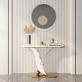 Modern Console Table Marble Top With Vase Books Gold Ornaments Round Mirror On Striped Wall
