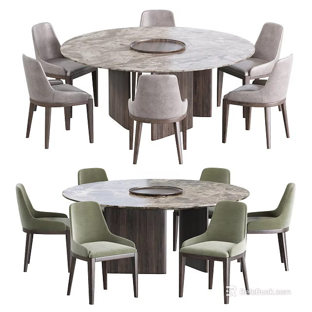Modern Round Dining Table Set With Marble Top Wooden Base And Gray Upholstered Chairs 3d model 