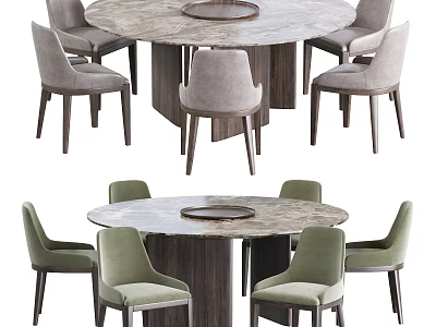 Modern Round Dining Table Set With Marble Top Wooden Base And Gray Upholstered Chairs 3d model