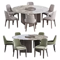 Modern Round Dining Table Set With Marble Top Wooden Base And Gray Upholstered Chairs