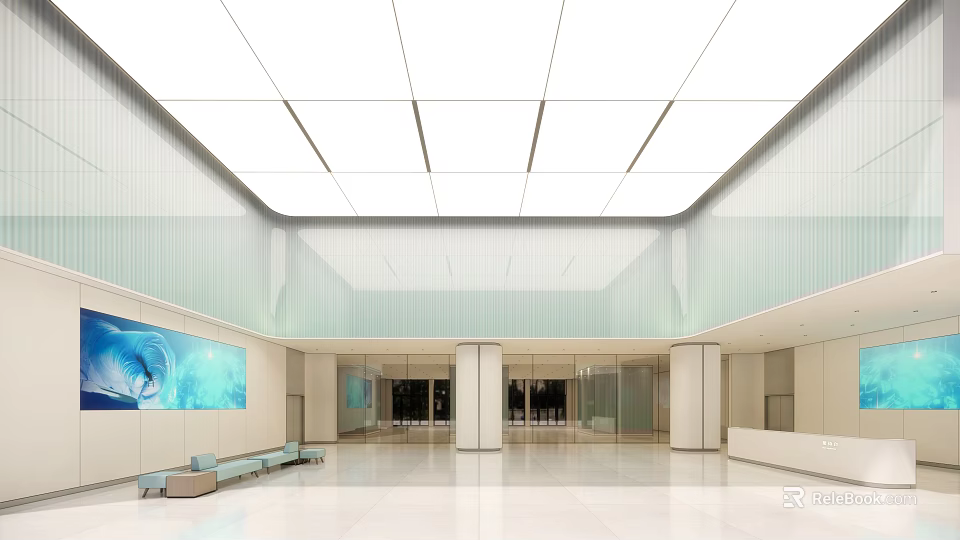 Modern Hospital Outpatient Lobby With White Ceiling Glass Partitions Blue Artwork And Benches 3d model 