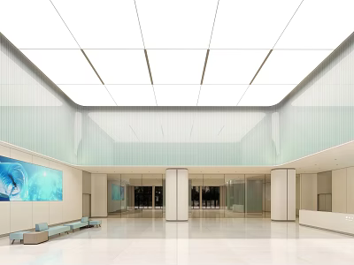 Modern Hospital Outpatient Lobby With White Ceiling Glass Partitions Blue Artwork And Benches 3d model