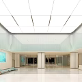 Modern Hospital Outpatient Lobby With White Ceiling Glass Partitions Blue Artwork And Benches