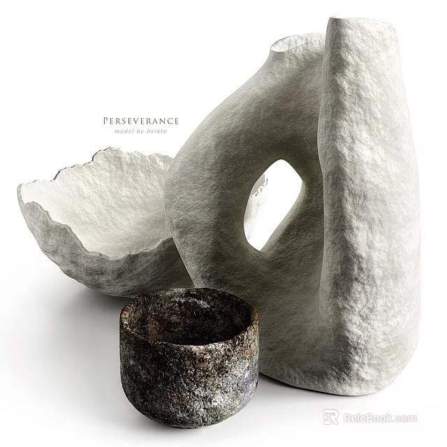 Artistic Sculptures With Textured White Design Hollow Hole And Small Dark Handcrafted Container 3d model 