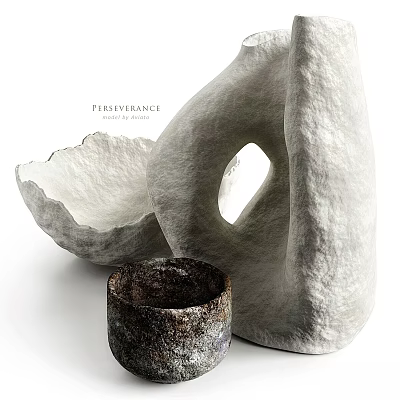 Artistic Sculptures With Textured White Design Hollow Hole And Small Dark Handcrafted Container 3d model