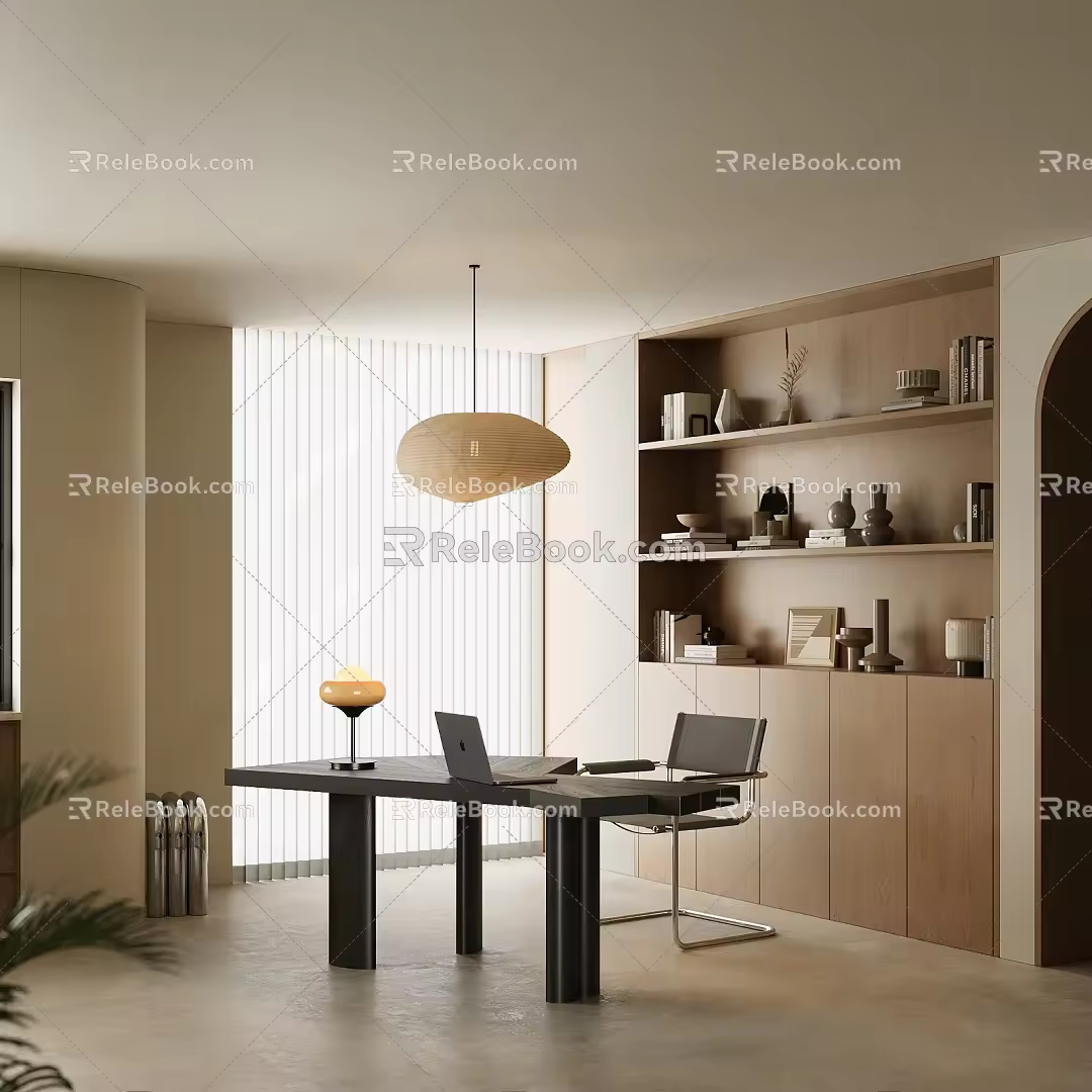 Antique Study Desk and Chair Notebook Table Lamp Bookcase Chandelier 3d model