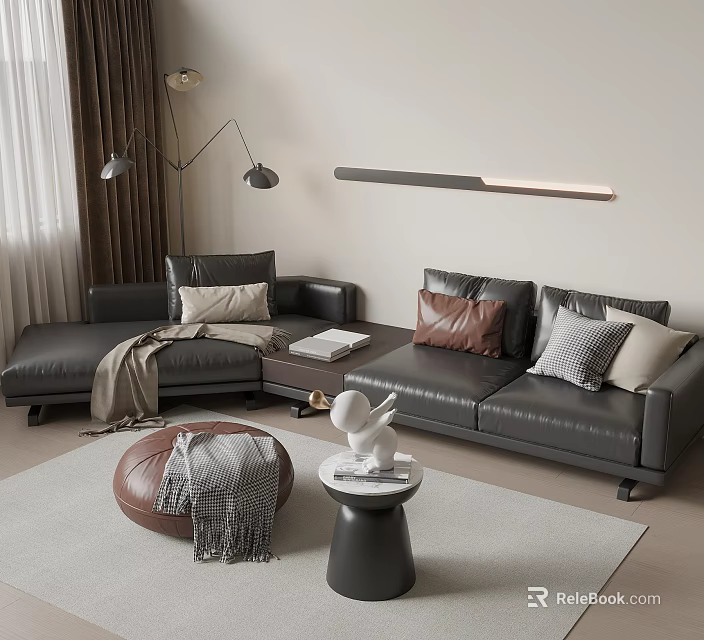 Contemporary Black Leather Sofa And Coffee Table Set With Decorative Pillows Rug And Floor Lamp 3d model 