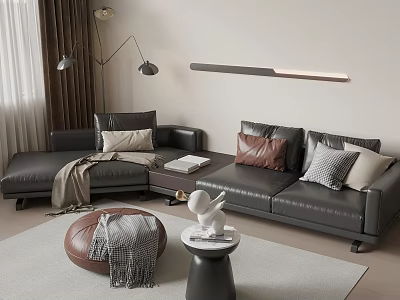 Contemporary Black Leather Sofa And Coffee Table Set With Decorative Pillows Rug And Floor Lamp 3d model