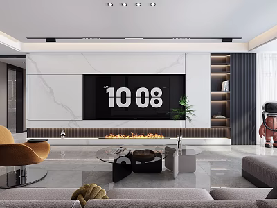 Modern TV Wall Design With Marble Panel Fireplace And Shelves In Living Room 3d model