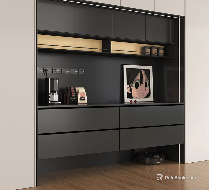 Modern Dark Gray Sideboard With Drawers Cabinets Open Shelves Coffee Machine Coffee Bags And Artwork 3d model 