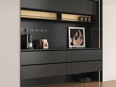 Modern Dark Gray Sideboard With Drawers Cabinets Open Shelves Coffee Machine Coffee Bags And Artwork 3d model