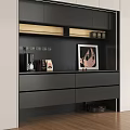 Modern Dark Gray Sideboard With Drawers Cabinets Open Shelves Coffee Machine Coffee Bags And Artwork