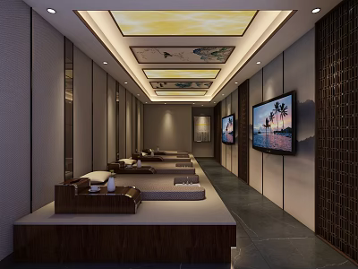 SPA Sauna Interior With Wooden Loungers Scenic TV Screens And Decorative Ceiling 3d model