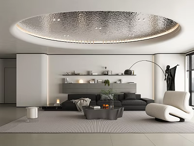 Elegant Modern Minimalist Living Room With Unique Circular Textured Ceiling And Stylish Comfortable Home Furnishings 3d model