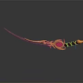 Ornate Curved Sword Featuring Golden Decorative Hilt And Red Straps Design