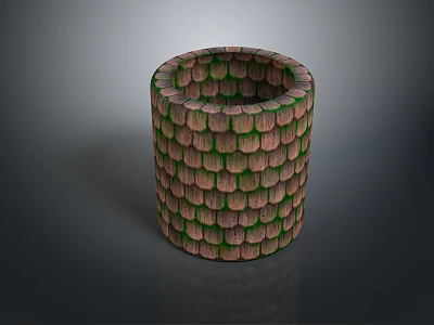 3D Model Of Cylindrical Hollow Object With Green Brown Tile Like Surface Texture 3d model