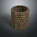3D Model Of Cylindrical Hollow Object With Green Brown Tile Like Surface Texture