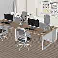 Modern Office Desk in Open Office Space with Multiple Computer Monitors Office Chairs and Whiteboard
