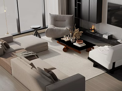 Modern Living Room Sofa Coffee Table Set With Neutral Tones Wooden Legs And Decorative Items 3d model