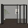 Black Frame Glass Folding Doors Open in Interior with Wooden Floor and Green Plants