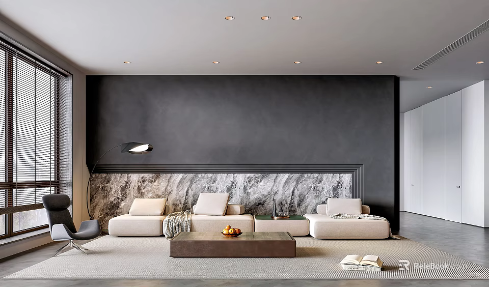 Modern Living Room Interior With Black Wall Marble Fireplace And Beige Sofas 3d model 