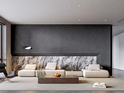 Modern Living Room Interior With Black Wall Marble Fireplace And Beige Sofas 3d model