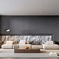 Modern Living Room Interior With Black Wall Marble Fireplace And Beige Sofas
