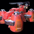 Futuristic Red Mechanical Device With Multiple Round Compartments And Cannon Barrel 3d model