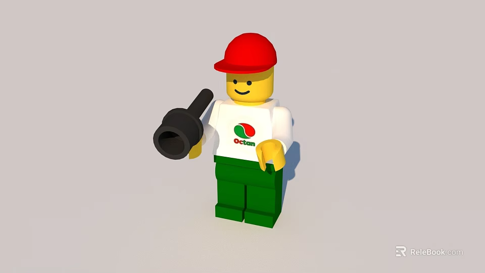 Lego Toy Figure Wearing Red Cap White OCEAN Logo T-shirt Green Pants Holding Black Tool 3d model 