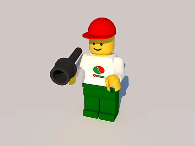 Lego Toy Figure Wearing Red Cap White OCEAN Logo T-shirt Green Pants Holding Black Tool 3d model