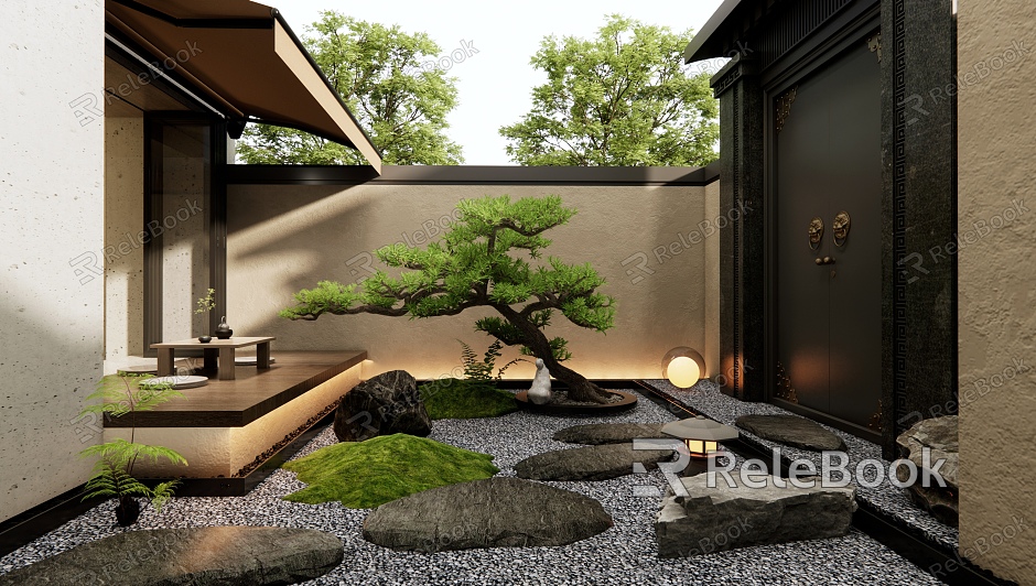 New Chinese Courtyard Landscape Ting Step Tea Table and Chair Luo Han Pine Landscape Stone Courtyard Gate model