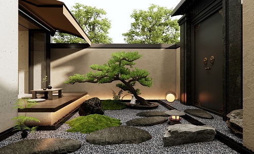 New Chinese Courtyard Landscape Ting Step Tea Table and Chair Luo Han Pine Landscape Stone Courtyard Gate 3d model