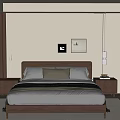 Modern Double Bed Bedroom Setup With Wooden Headboard Nightstands Lamps And Wall Art