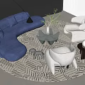 Modern Sofa and Coffee Table Set With Blue Curved Sofa Beige Chairs and Patterned Rug 3d model