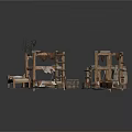 Dilapidated Wooden Bed Frames And Damaged Structures With Stone Slabs 3d model