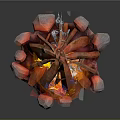 Rustic Campfire Arrangement With Stacked Logs Surrounding Stones And Flaming Embers
