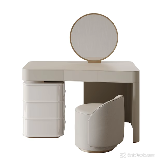 Modern Light Colored Dressing Table with Round Mirror Upholstered Stool and Drawers 3d model