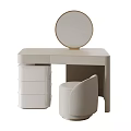 Modern Light Colored Dressing Table with Round Mirror Upholstered Stool and Drawers 3d model